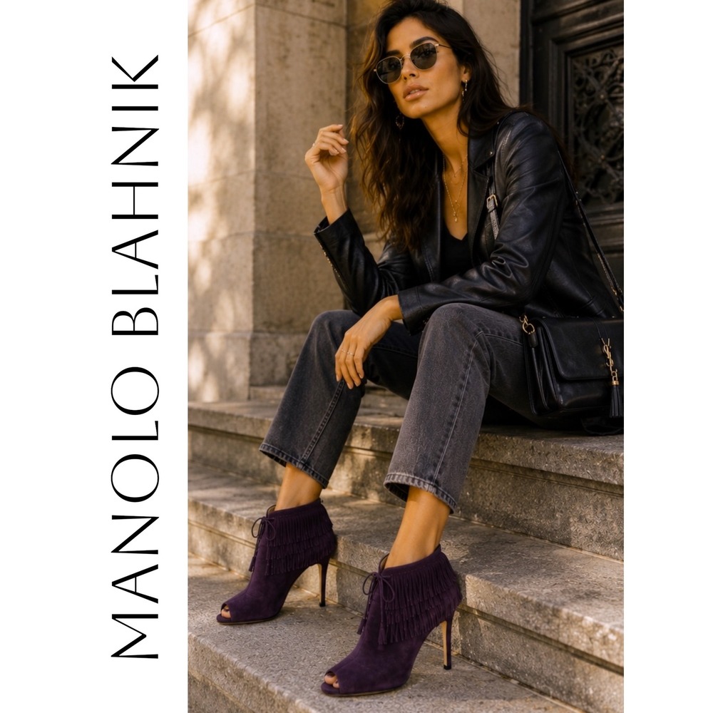 Manolo Blahnik Purple Suede Fringe Peep Toe Stiletto Booties 37.5‎